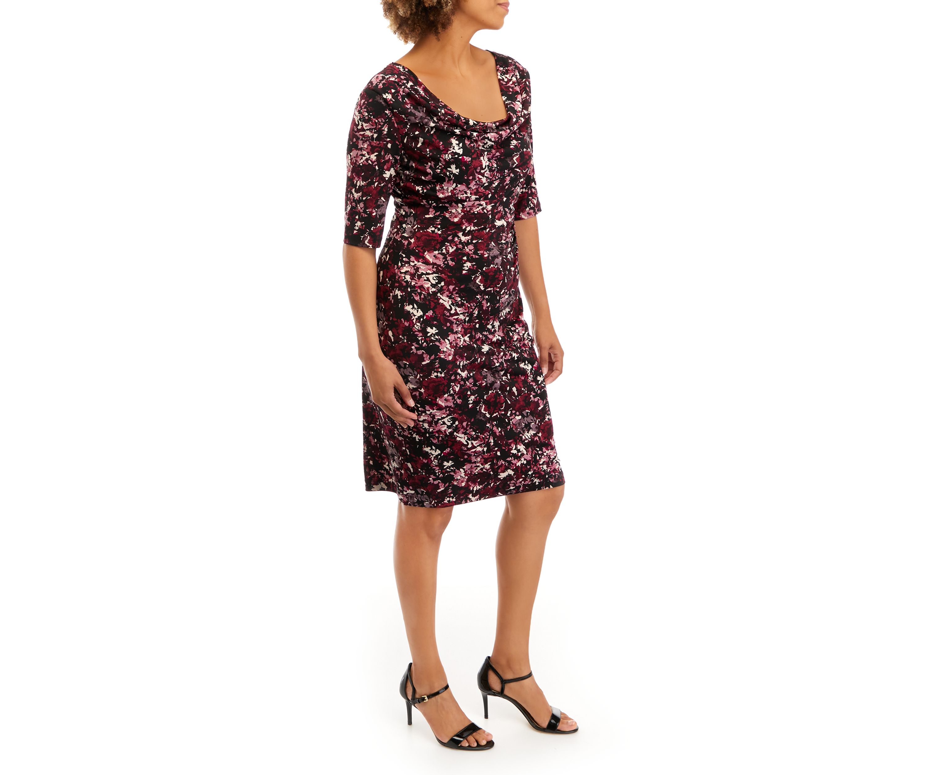 Womens Elbow Sleeve Cowl Neck Abstract Print Dress