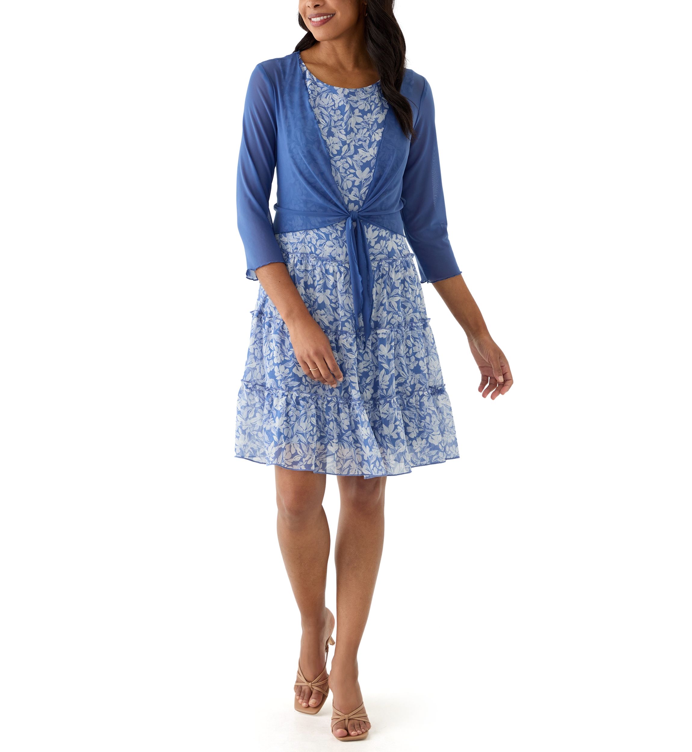 Womens 3/4 Sleeve Crew Neck Floral Print Jacket Dress