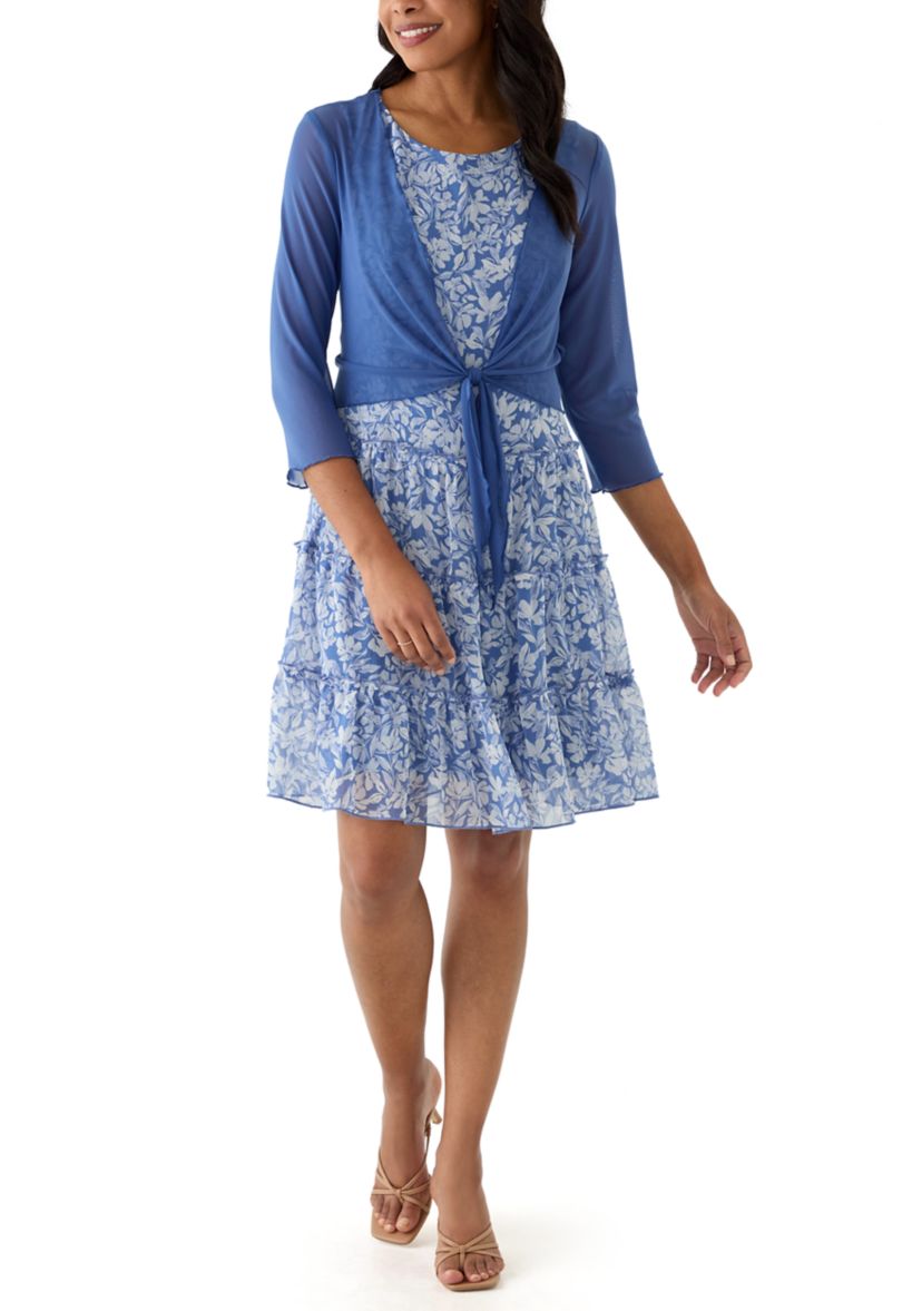 Womens 3/4 Sleeve Crew Neck Floral Print Jacket Dress