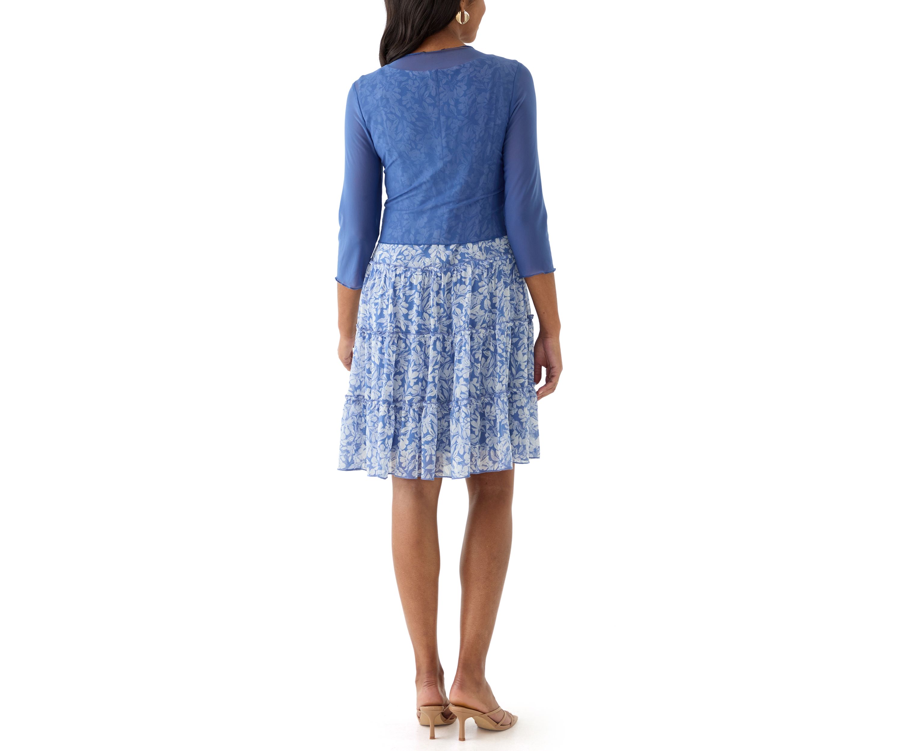Womens 3/4 Sleeve Crew Neck Floral Print Jacket Dress