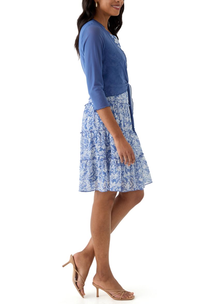 Womens 3/4 Sleeve Crew Neck Floral Print Jacket Dress