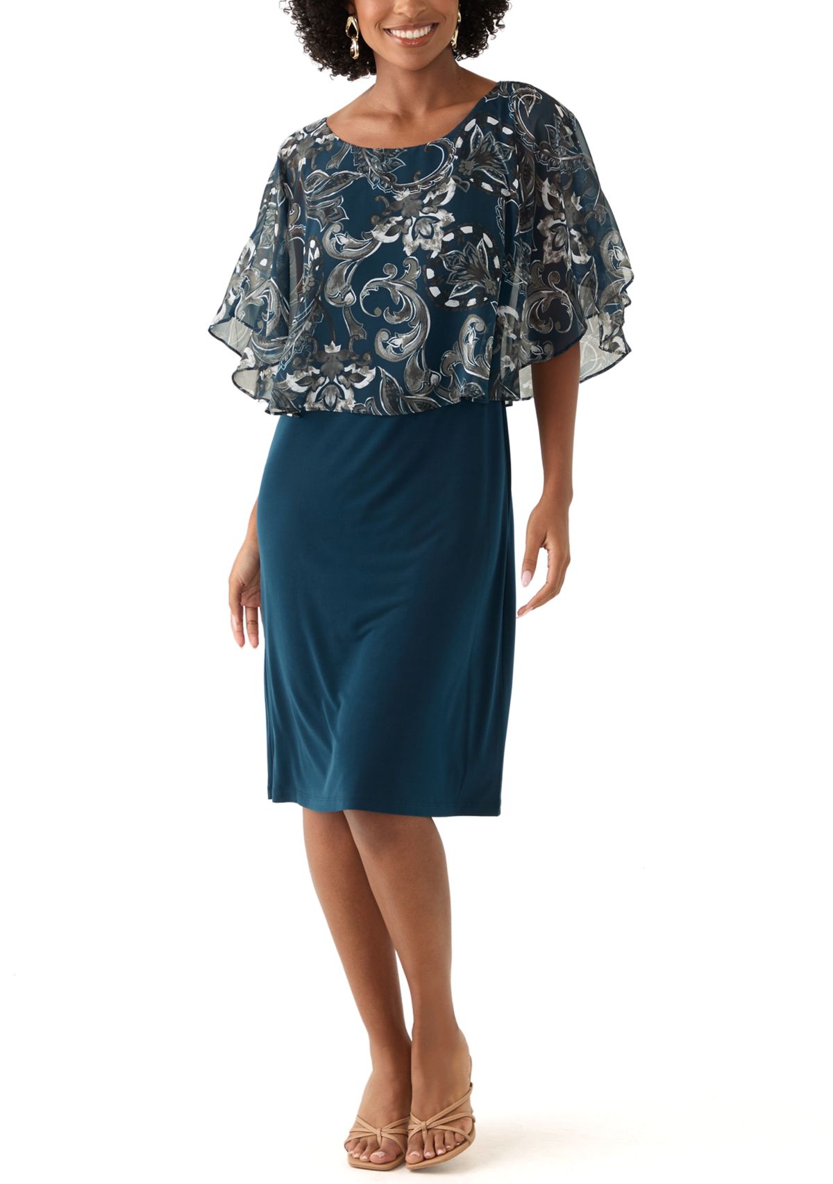 Womens Cape Sleeve Paisley Print A-Line Dress