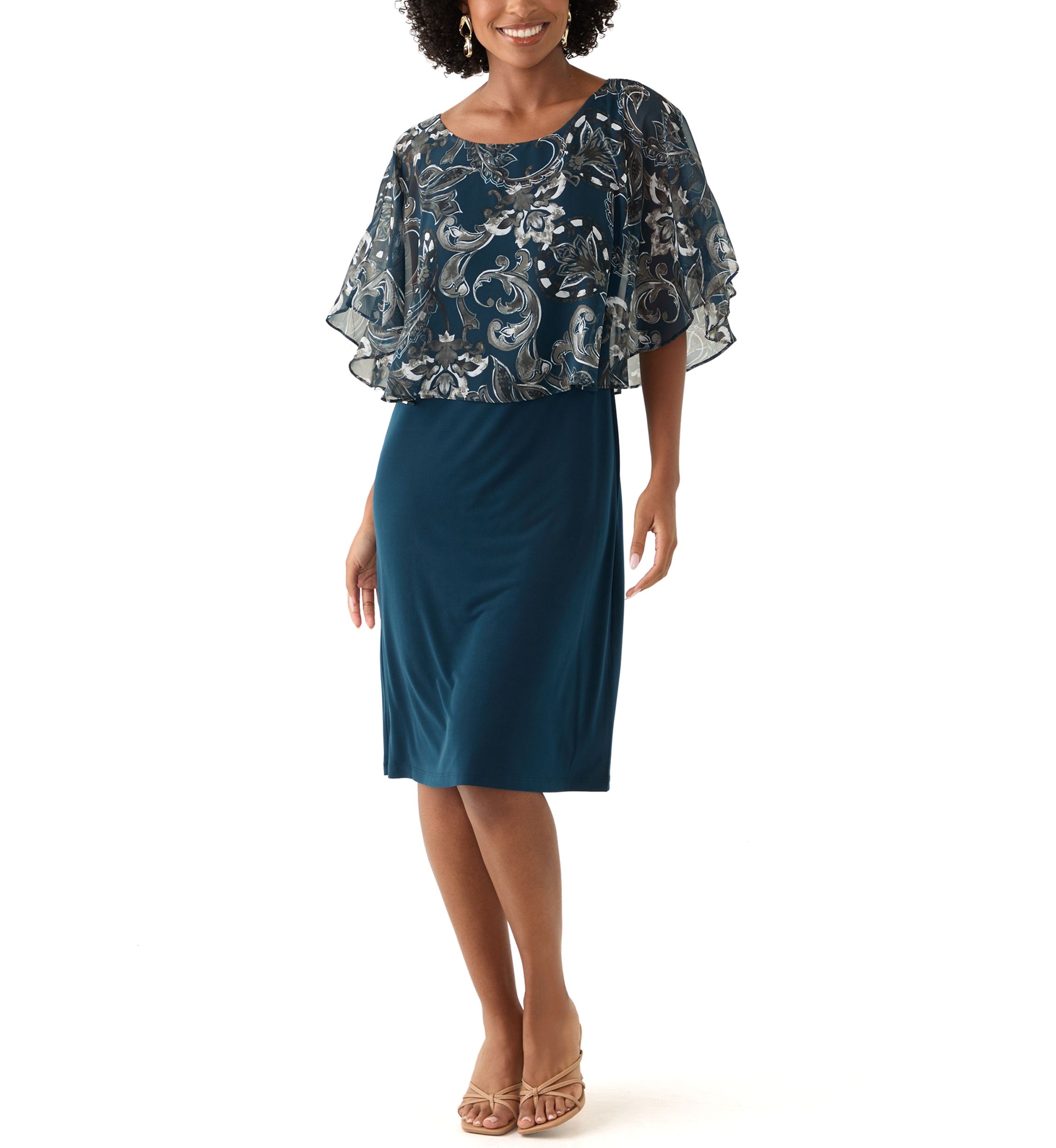 Womens Cape Sleeve Paisley Print A-Line Dress
