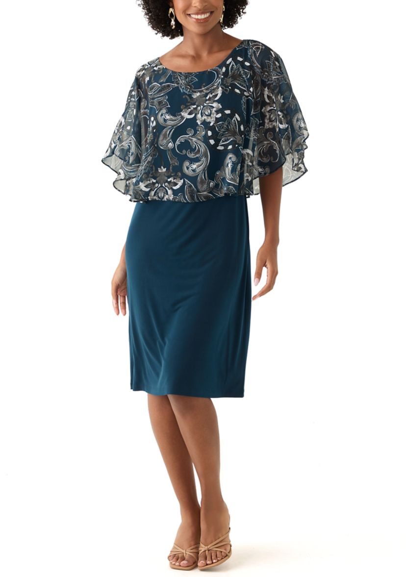 Womens Cape Sleeve Paisley Print A-Line Dress