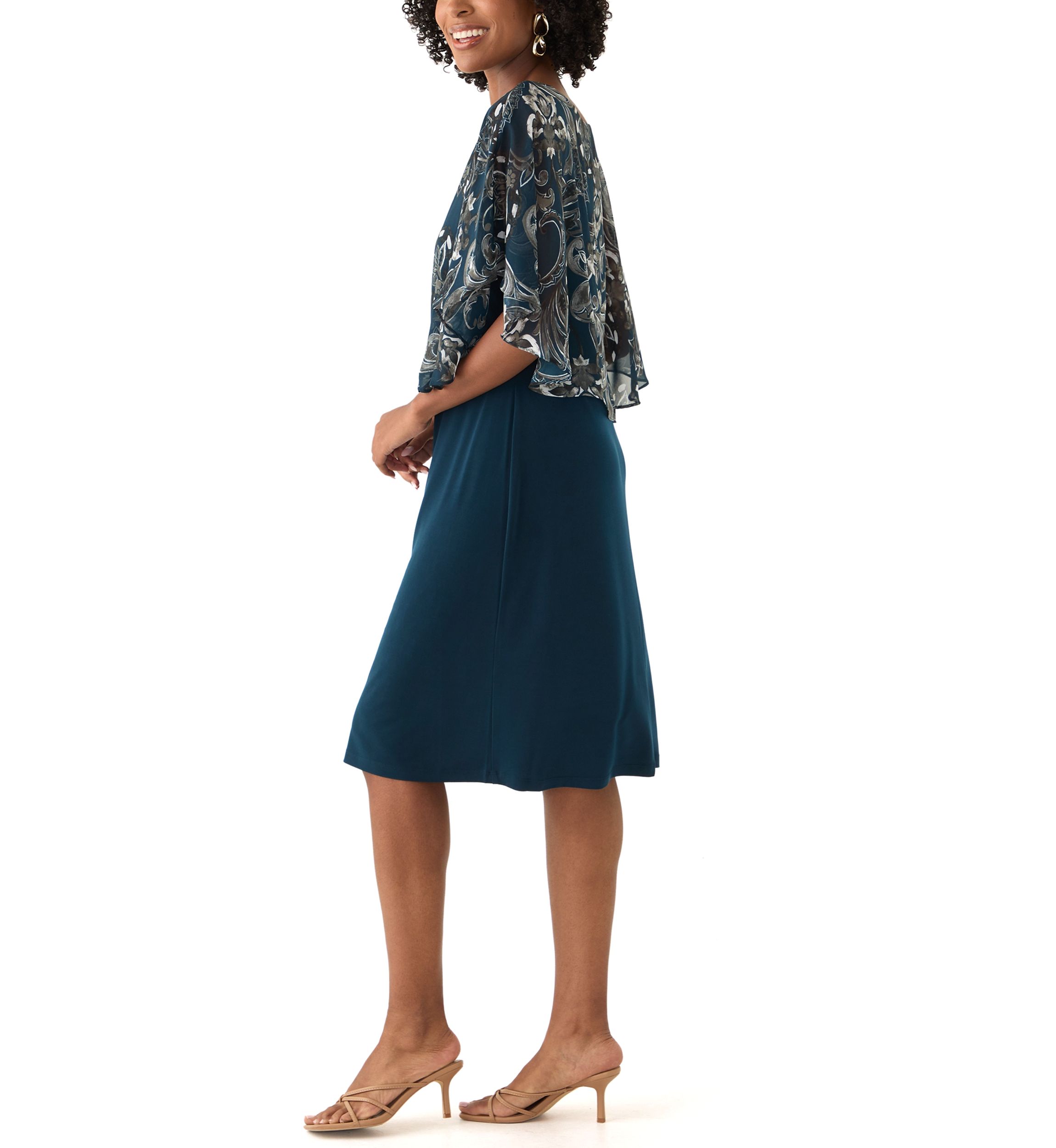 Womens Cape Sleeve Paisley Print A-Line Dress