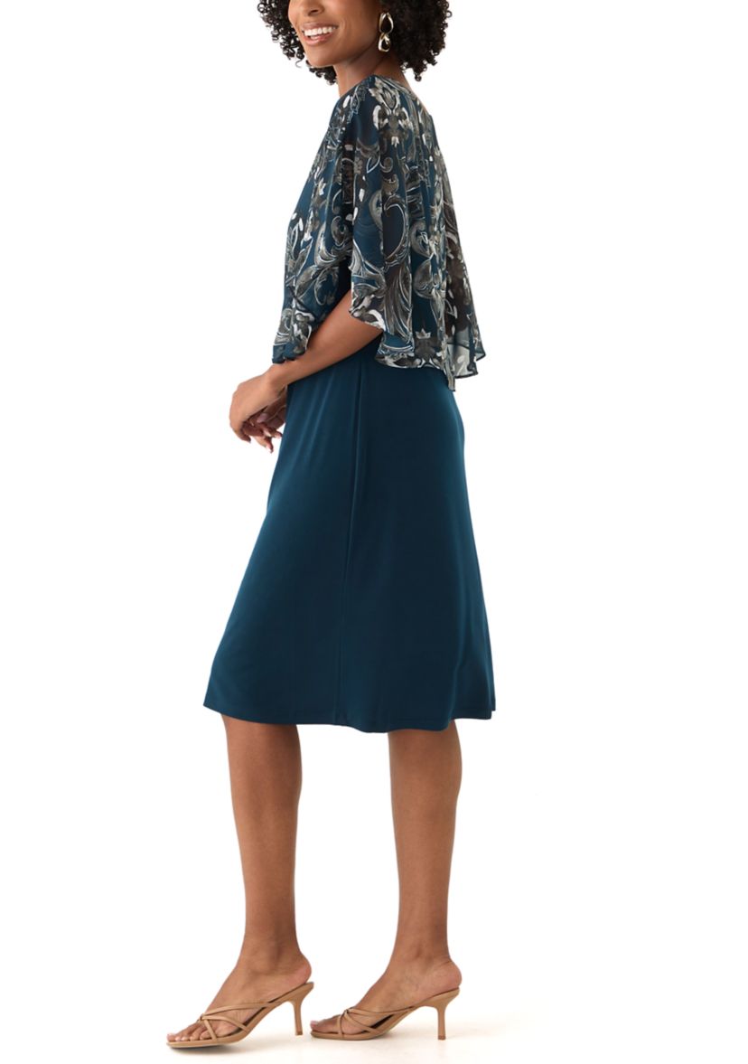 Womens Cape Sleeve Paisley Print A-Line Dress