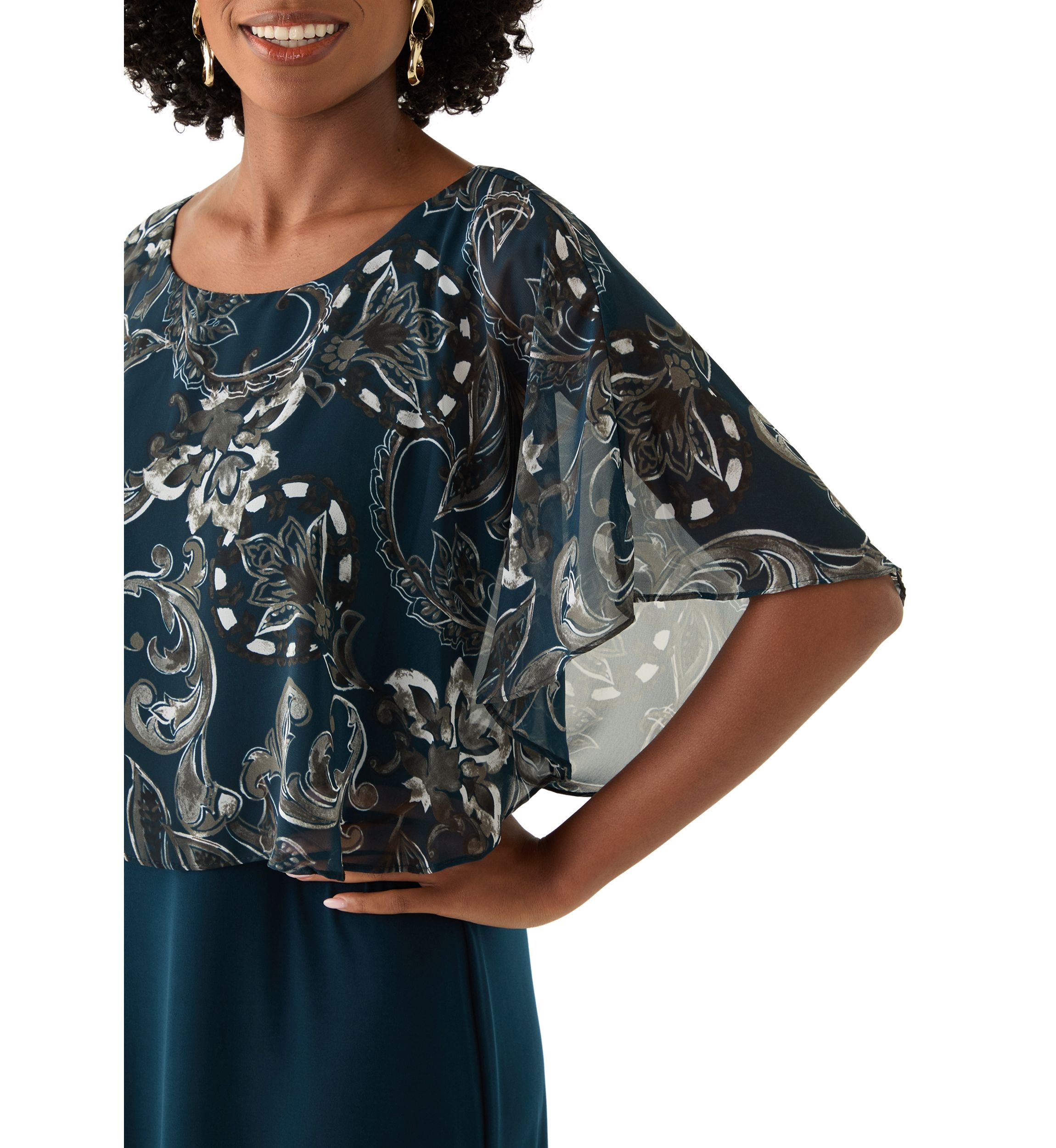 Womens Cape Sleeve Paisley Print A-Line Dress