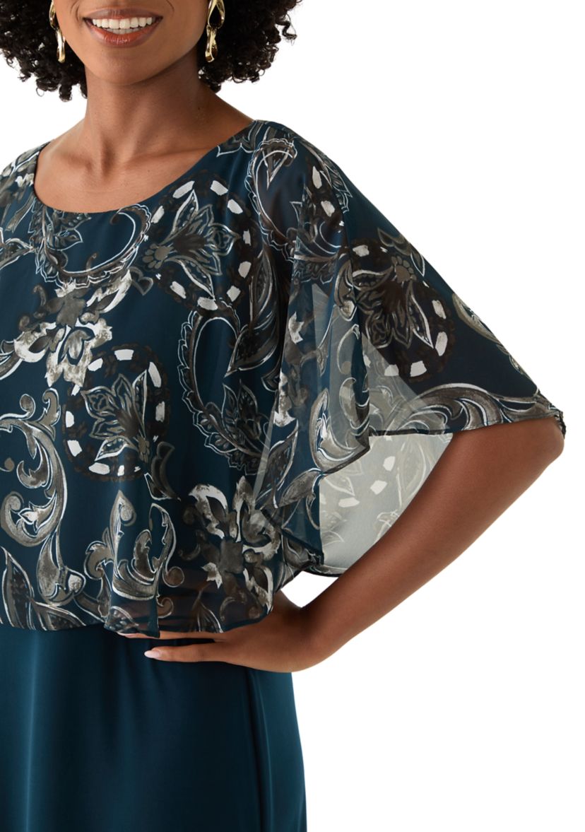 Womens Cape Sleeve Paisley Print A-Line Dress