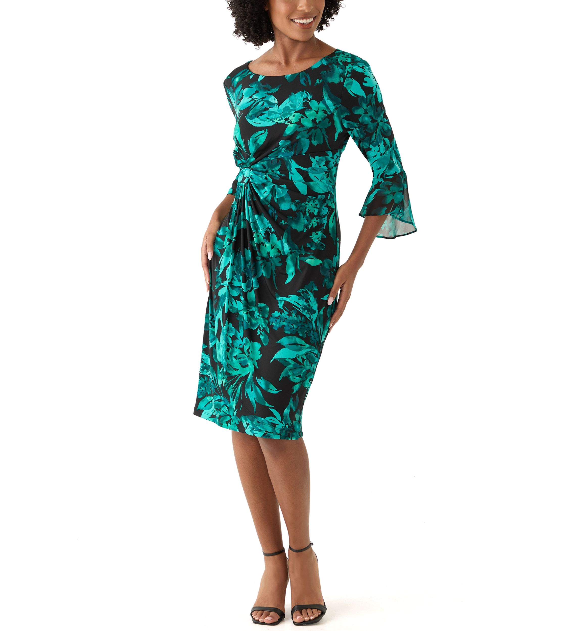 Womens 3/4 Sleeve Crew Neck Leaf Print Sheath Dress