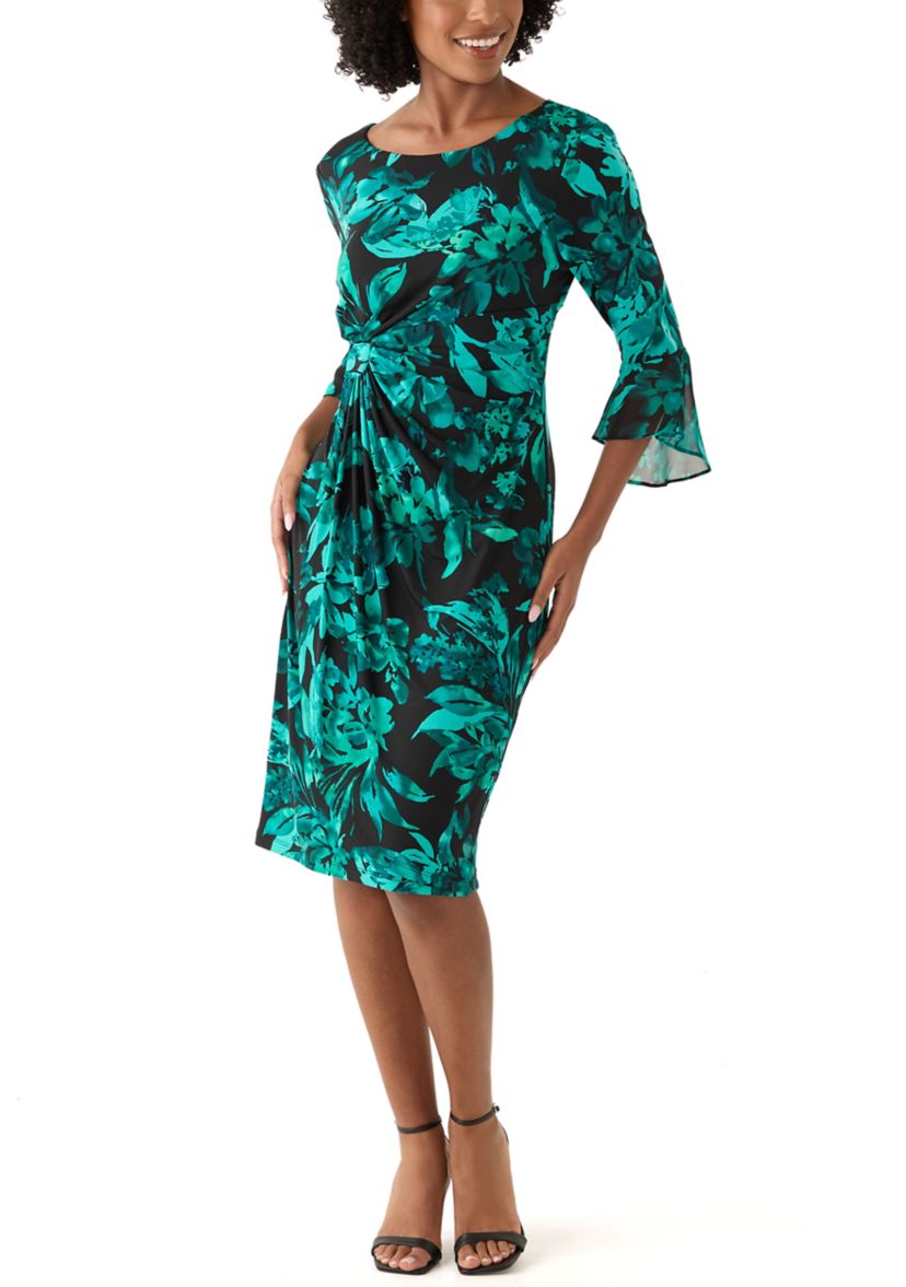 Womens 3/4 Sleeve Crew Neck Leaf Print Sheath Dress