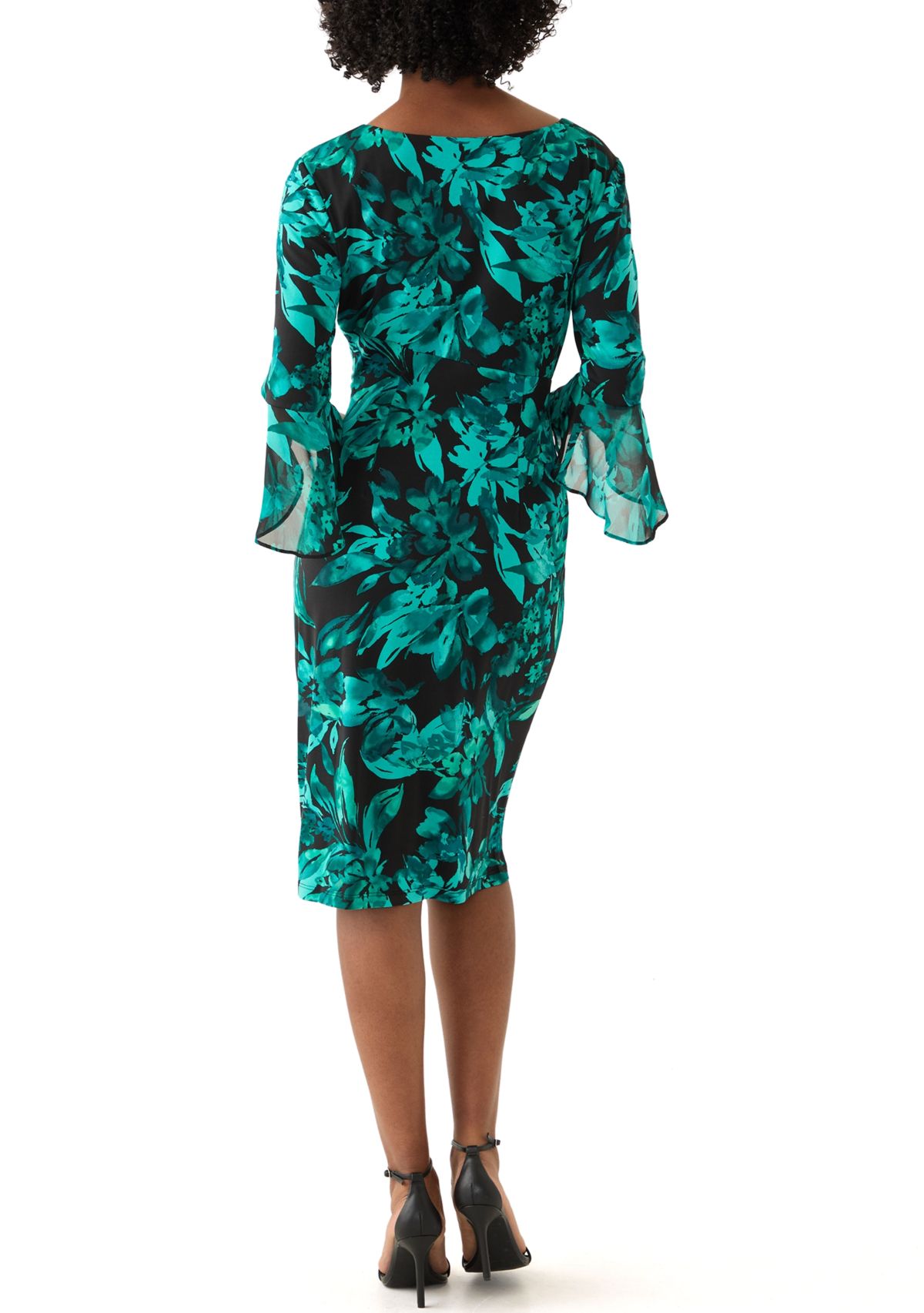 Womens 3/4 Sleeve Crew Neck Leaf Print Sheath Dress