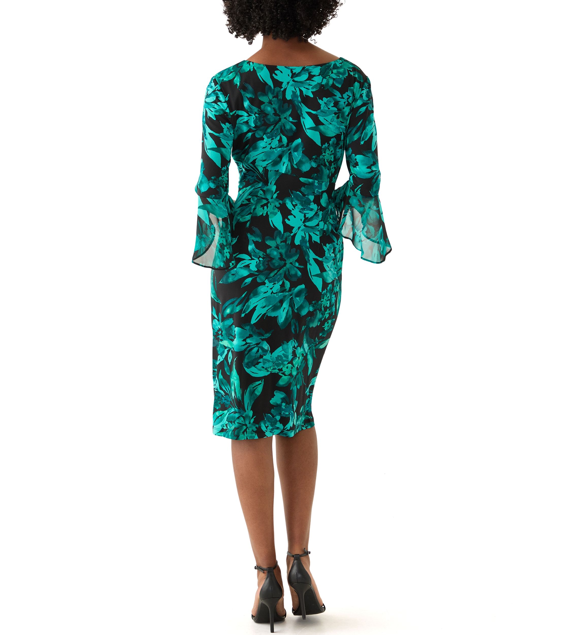 Womens 3/4 Sleeve Crew Neck Leaf Print Sheath Dress