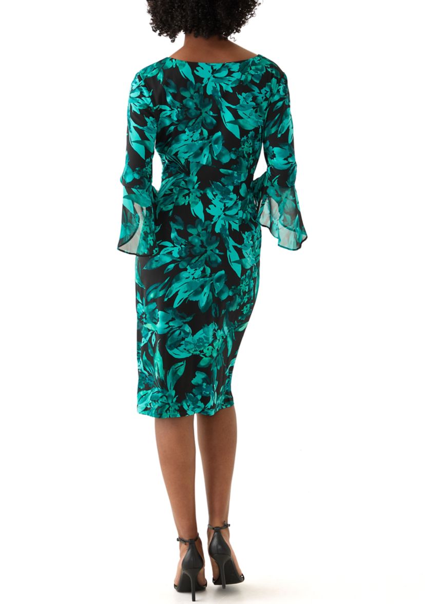 Womens 3/4 Sleeve Crew Neck Leaf Print Sheath Dress