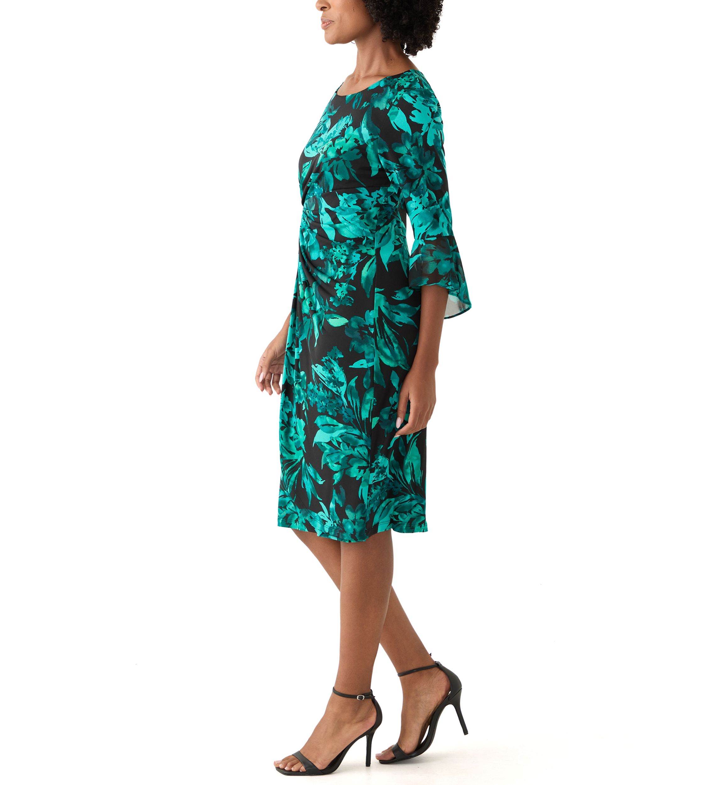 Womens 3/4 Sleeve Crew Neck Leaf Print Sheath Dress