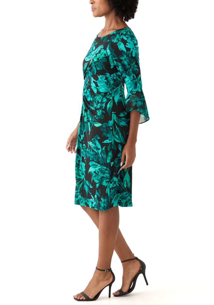Womens 3/4 Sleeve Crew Neck Leaf Print Sheath Dress