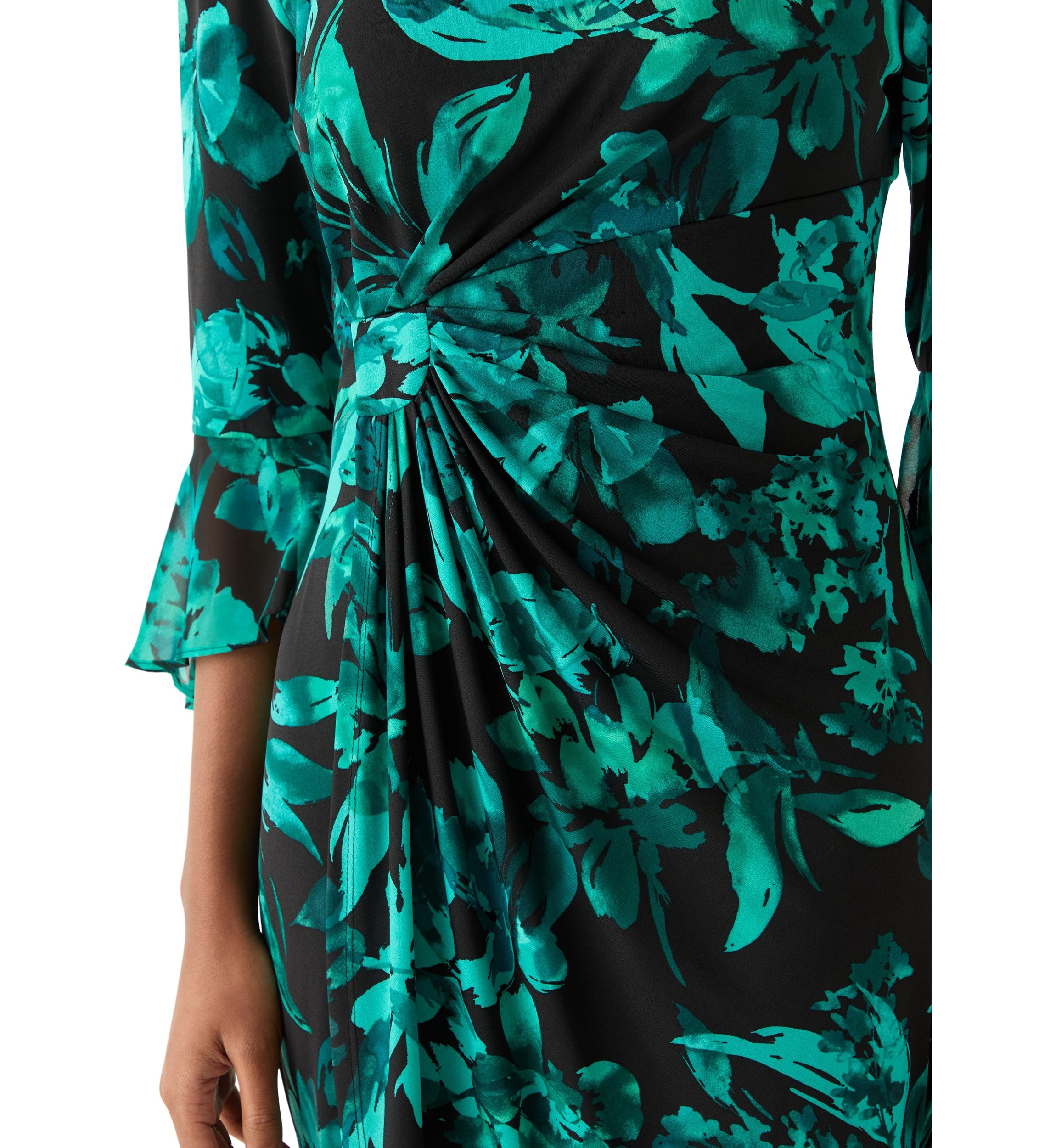 Womens 3/4 Sleeve Crew Neck Leaf Print Sheath Dress
