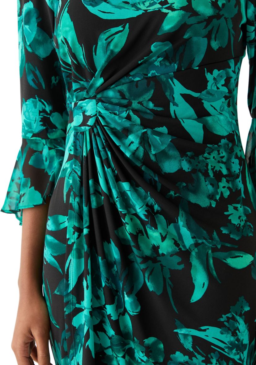 Womens 3/4 Sleeve Crew Neck Leaf Print Sheath Dress