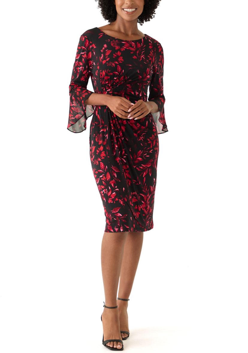 Womens 3/4 Sleeve Leaf Print Sheath Dress