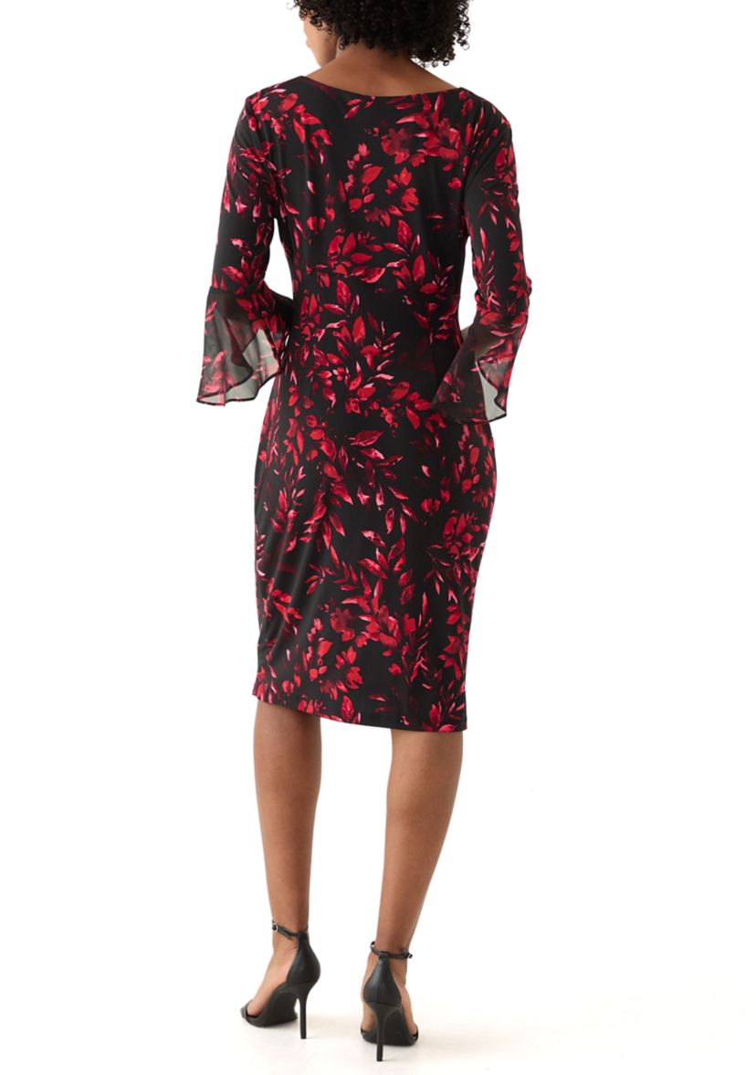 Womens 3/4 Sleeve Leaf Print Sheath Dress