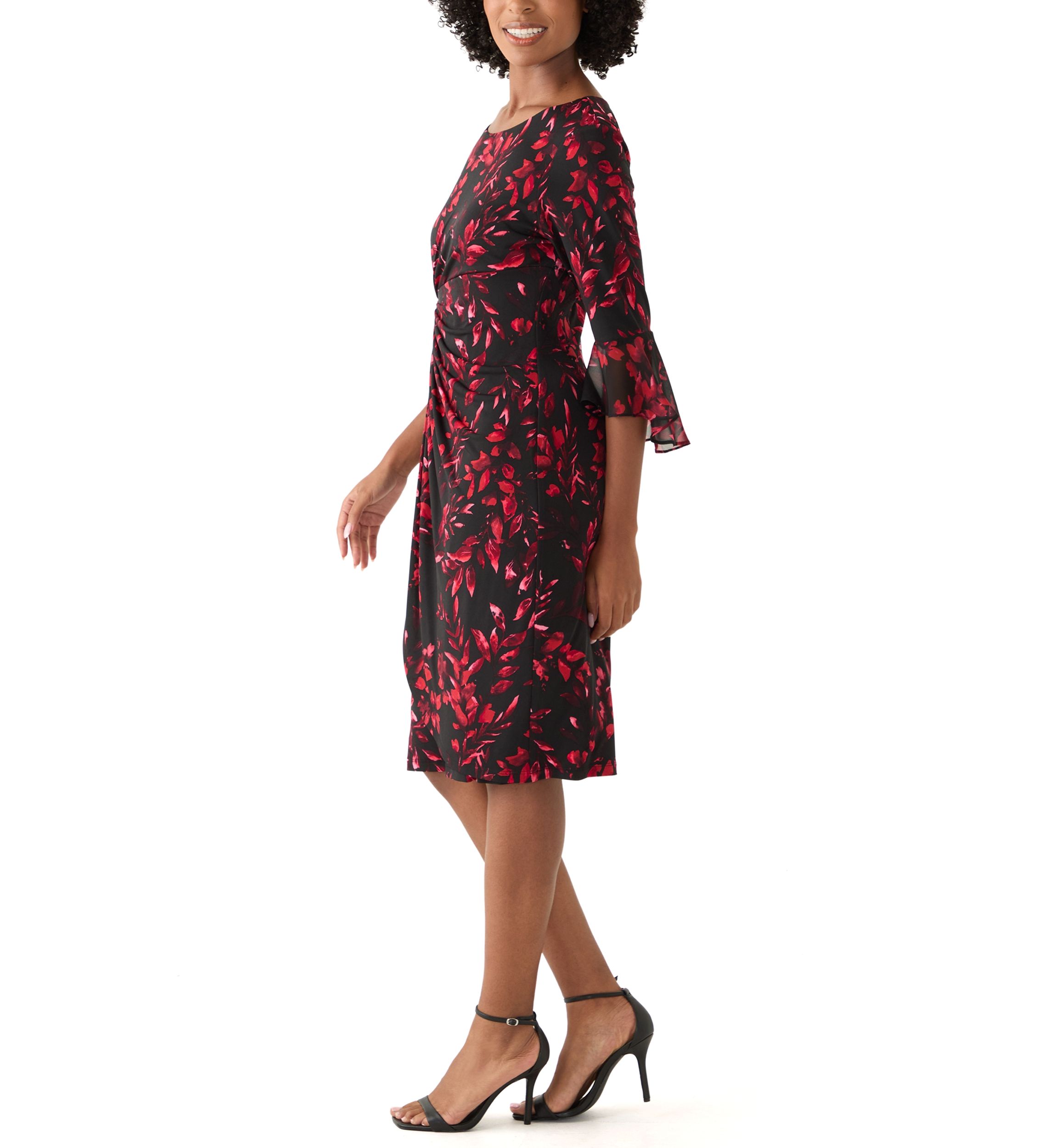 Womens 3/4 Sleeve Leaf Print Sheath Dress