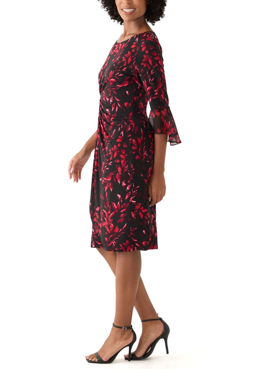 Womens 3/4 Sleeve Leaf Print Sheath Dress