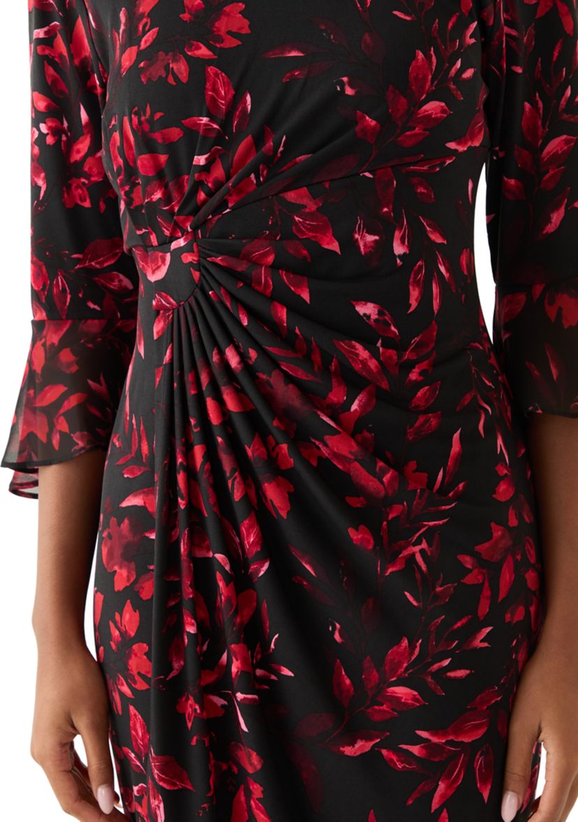 Womens 3/4 Sleeve Leaf Print Sheath Dress
