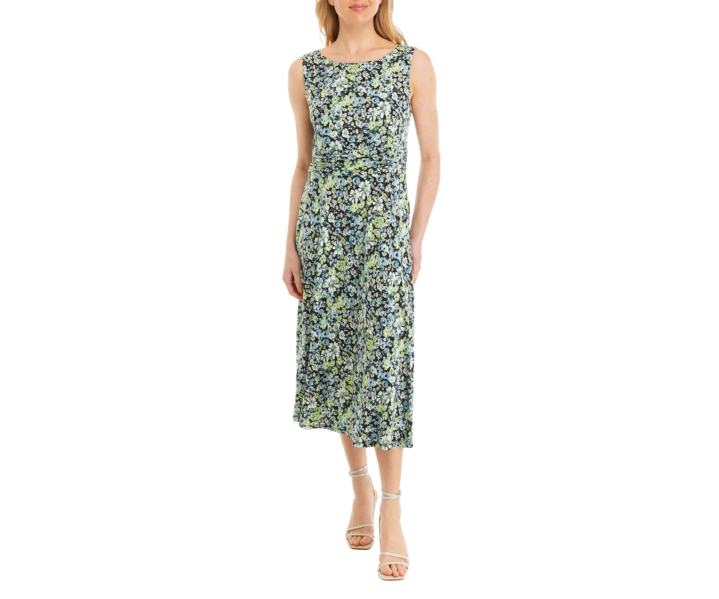 Womens Sleeveless Crew Neck Floral Printed Sheath Dress