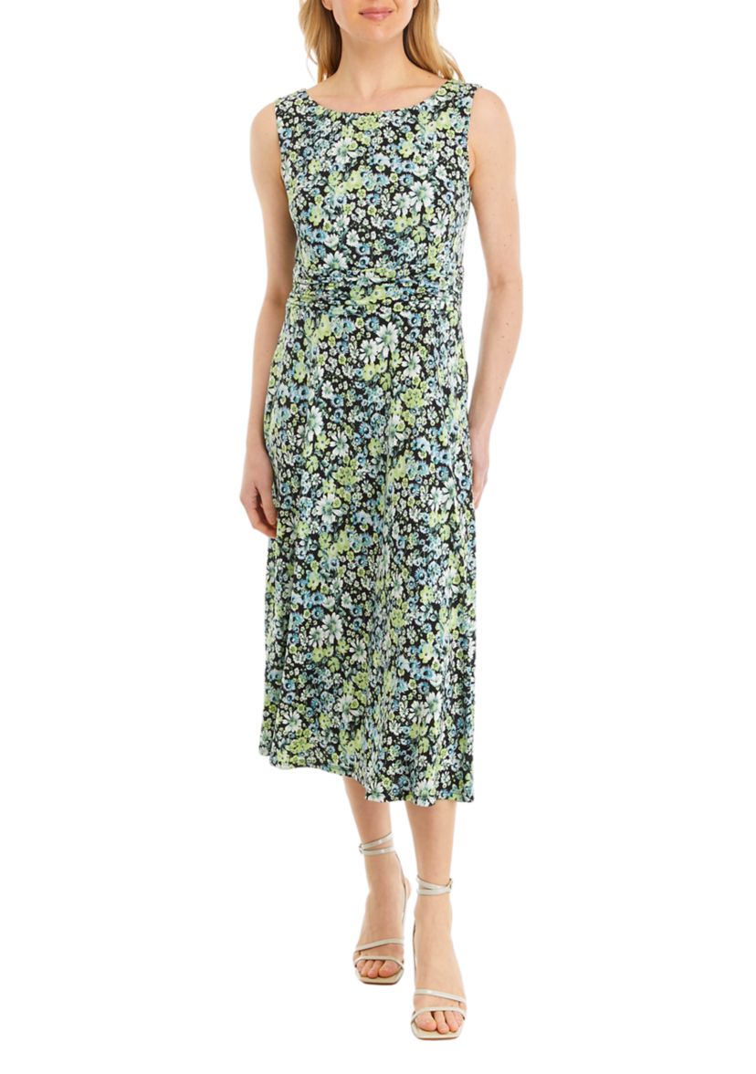 Womens Sleeveless Crew Neck Floral Printed Sheath Dress