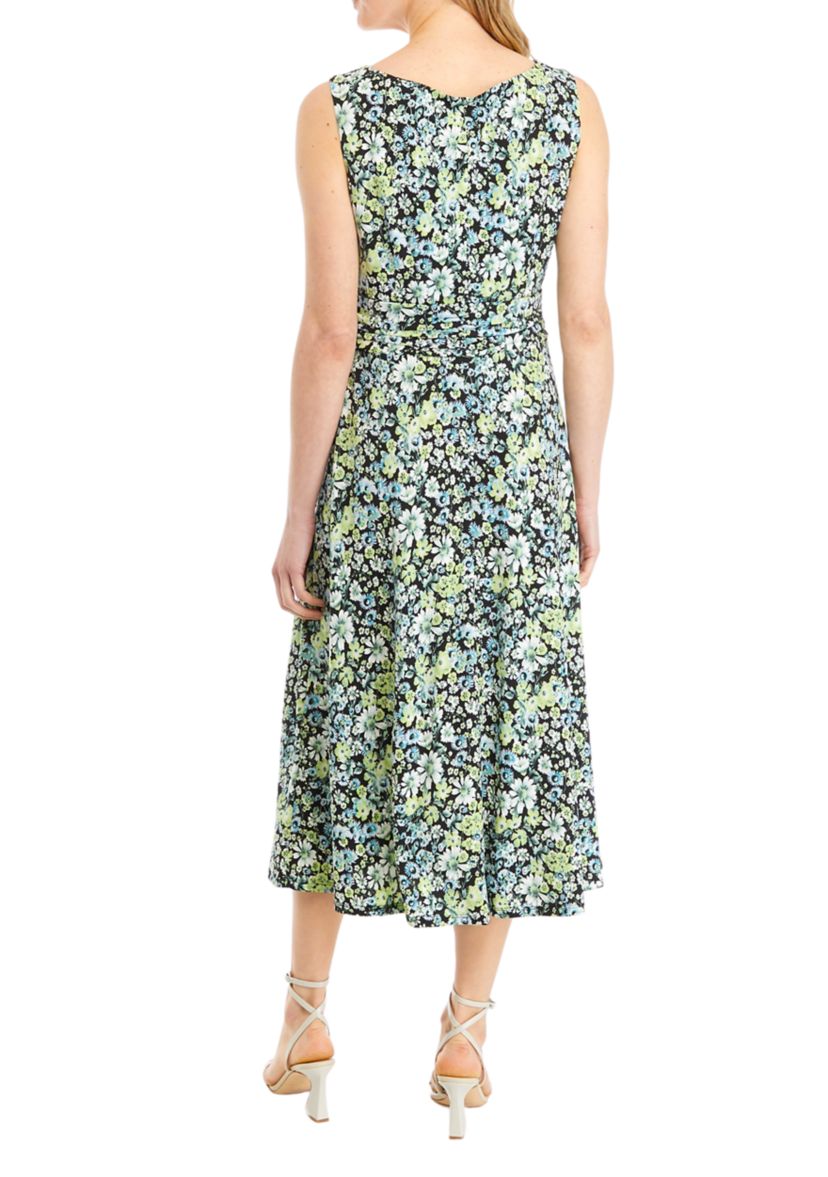 Womens Sleeveless Crew Neck Floral Printed Sheath Dress
