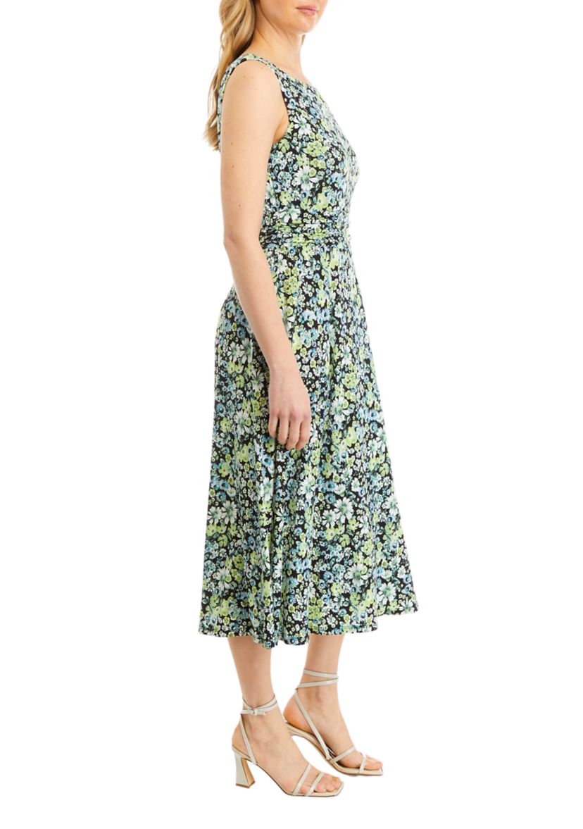 Womens Sleeveless Crew Neck Floral Printed Sheath Dress