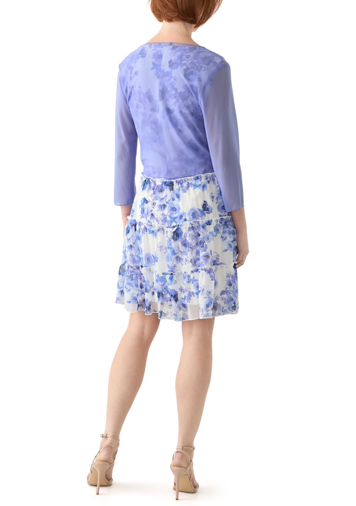 Womens 3/4 Sleeve Crew Neck Floral Print Jacket Dress