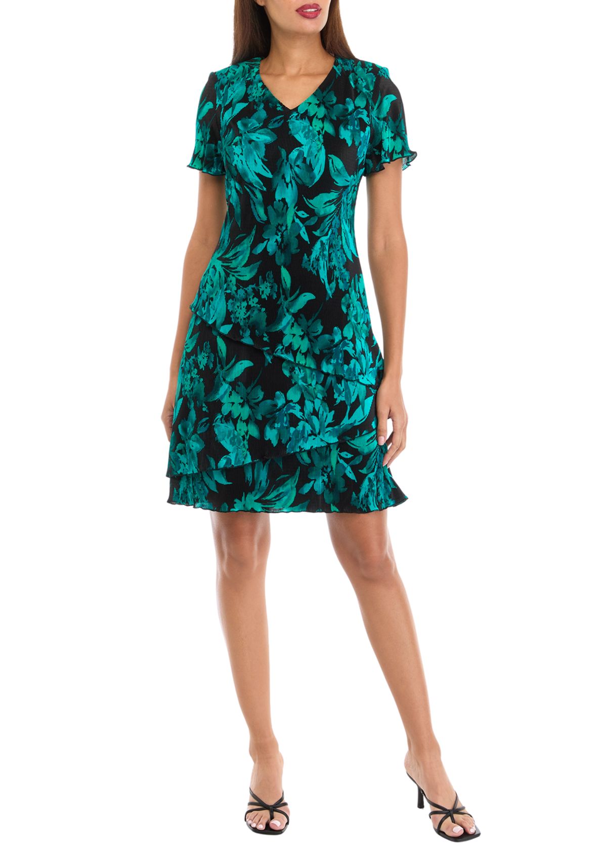 Womens Short Sleeve V-Neck Floral Print A-Line Dress