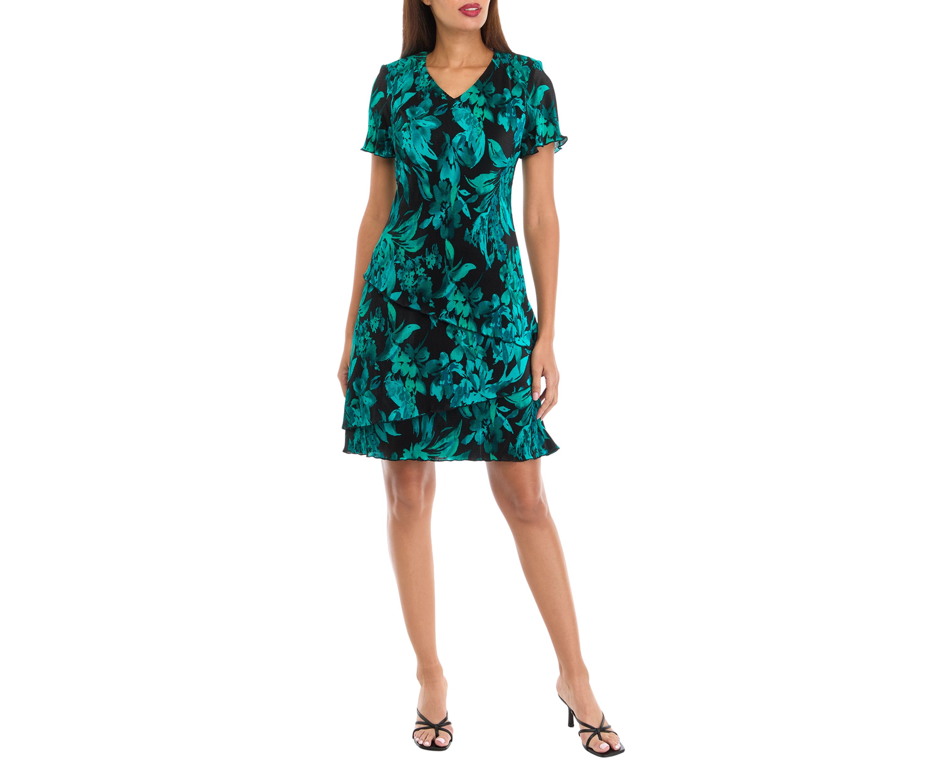 Womens Short Sleeve V-Neck Floral Print A-Line Dress