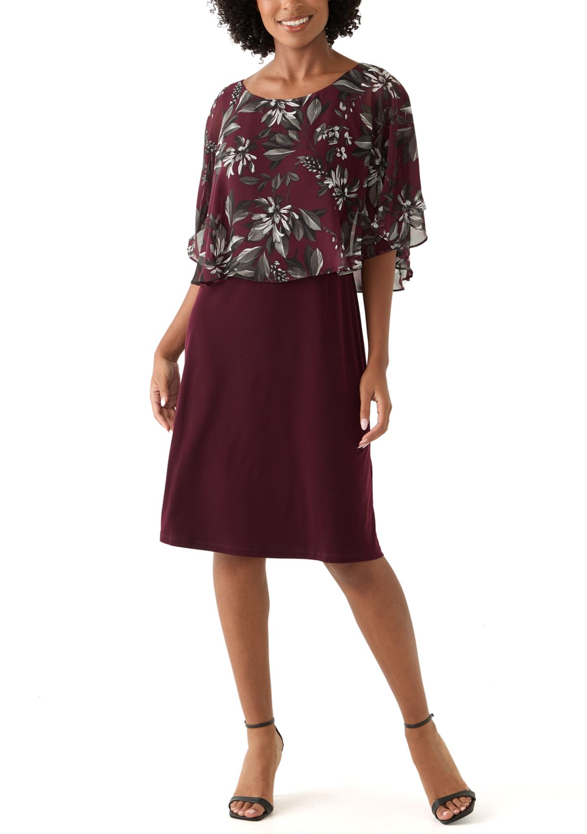 Womens Cape Sleeve Floral Print A-Line Dress