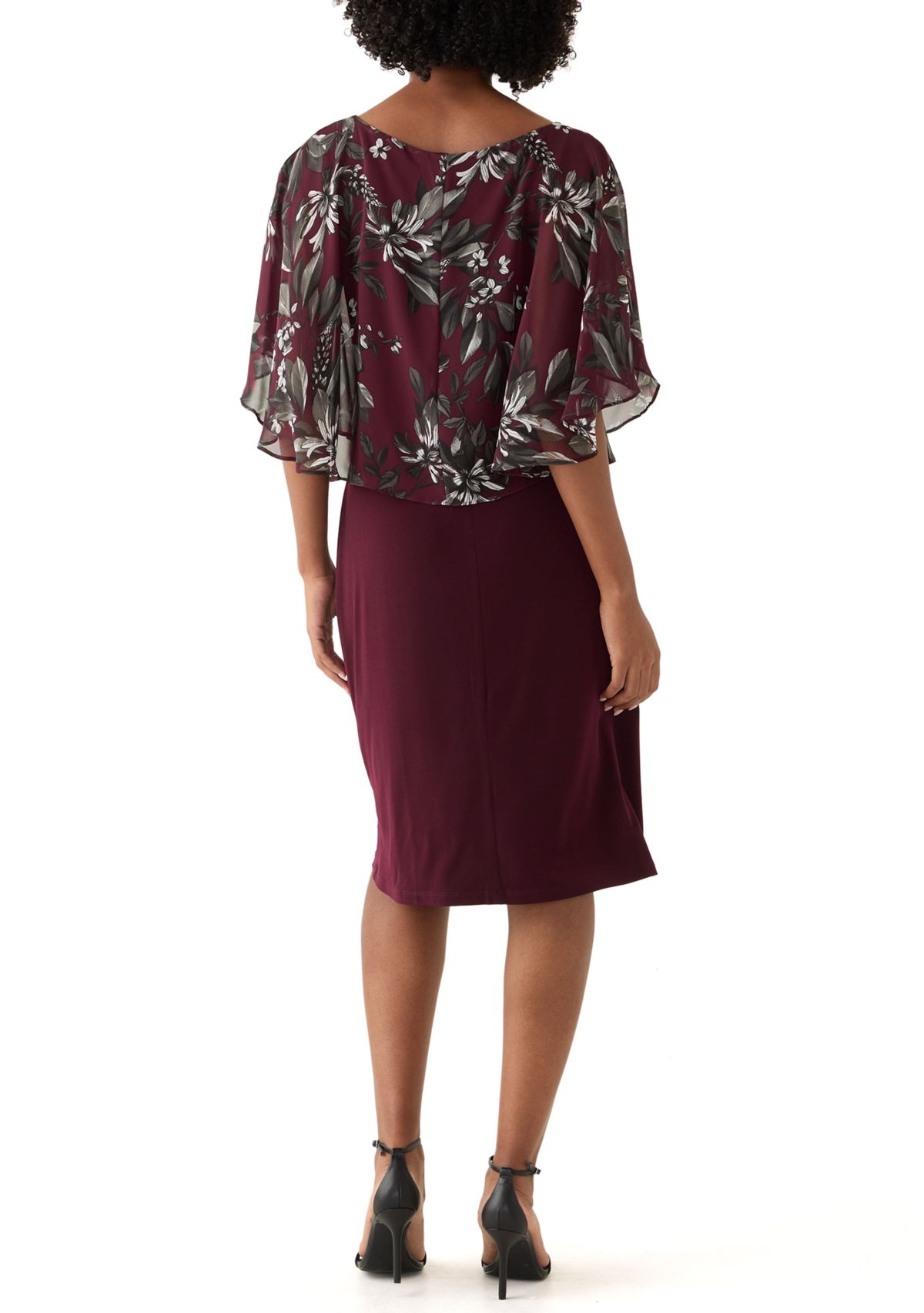Womens Cape Sleeve Floral Print A-Line Dress