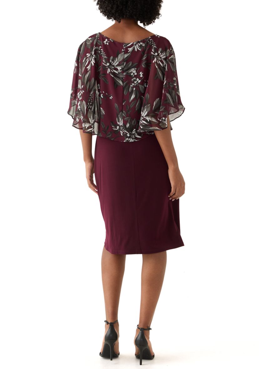 Womens Cape Sleeve Floral Print A-Line Dress
