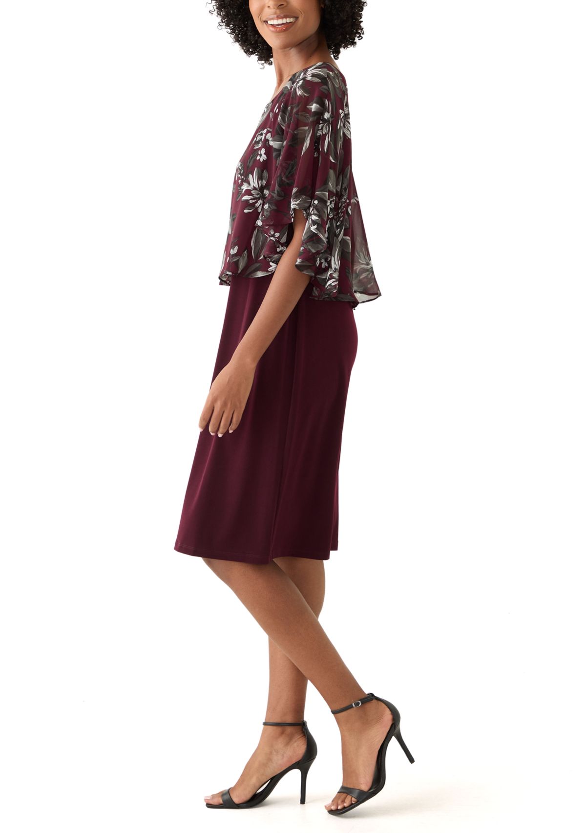 Womens Cape Sleeve Floral Print A-Line Dress