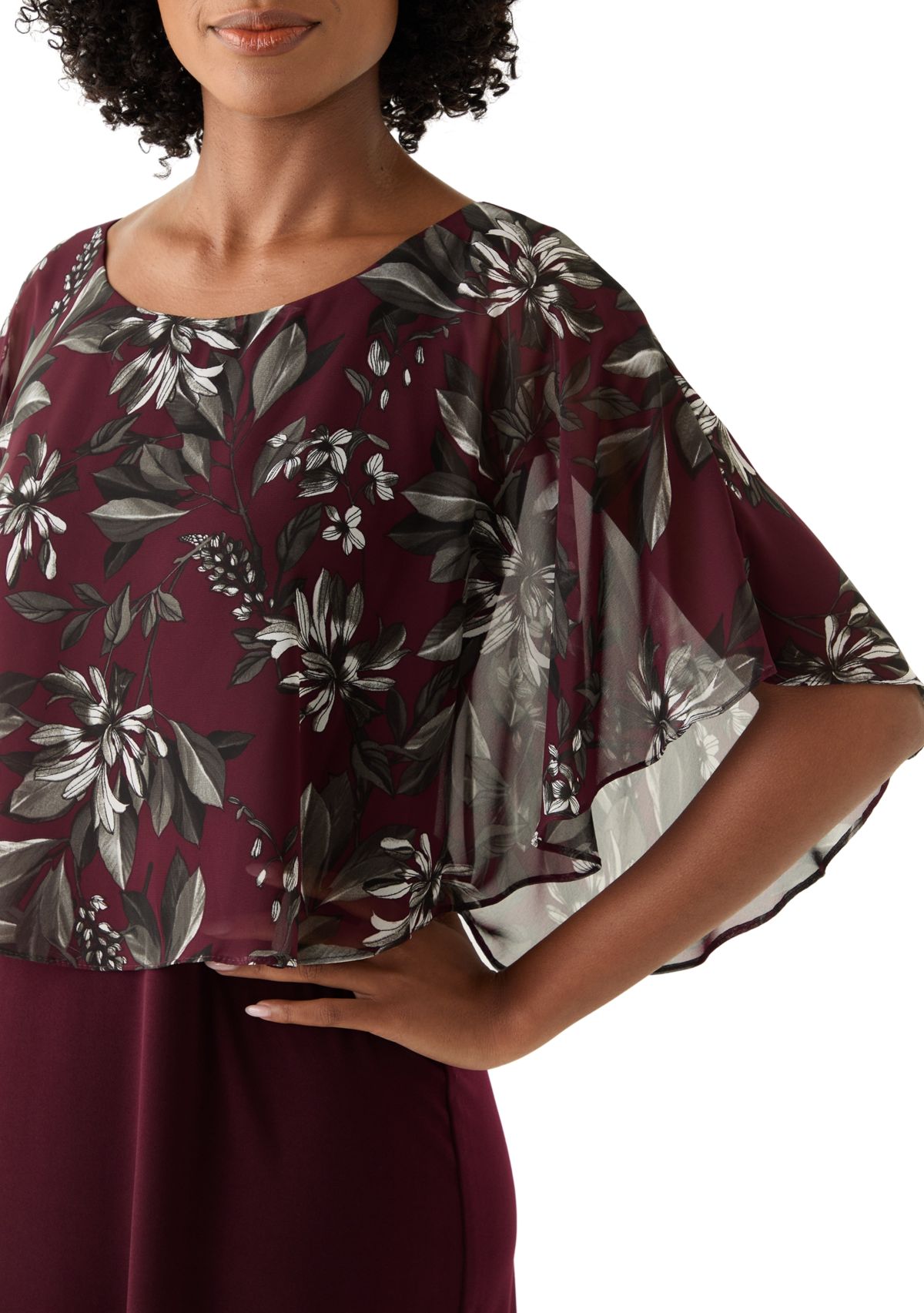 Womens Cape Sleeve Floral Print A-Line Dress