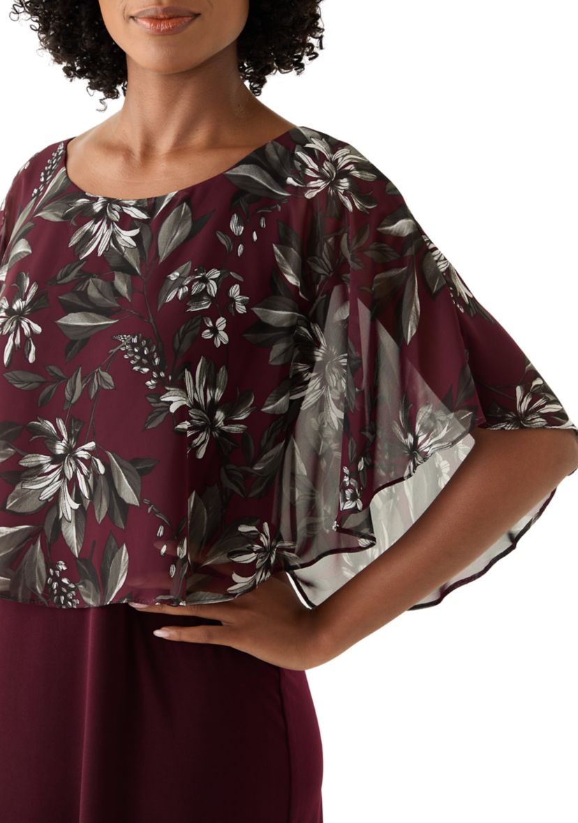 Womens Cape Sleeve Floral Print A-Line Dress