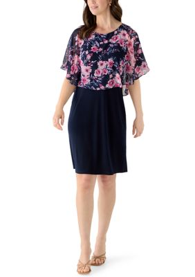 Connected Apparel Women's Short Sleeve Printed Chiffon Overlay Dress