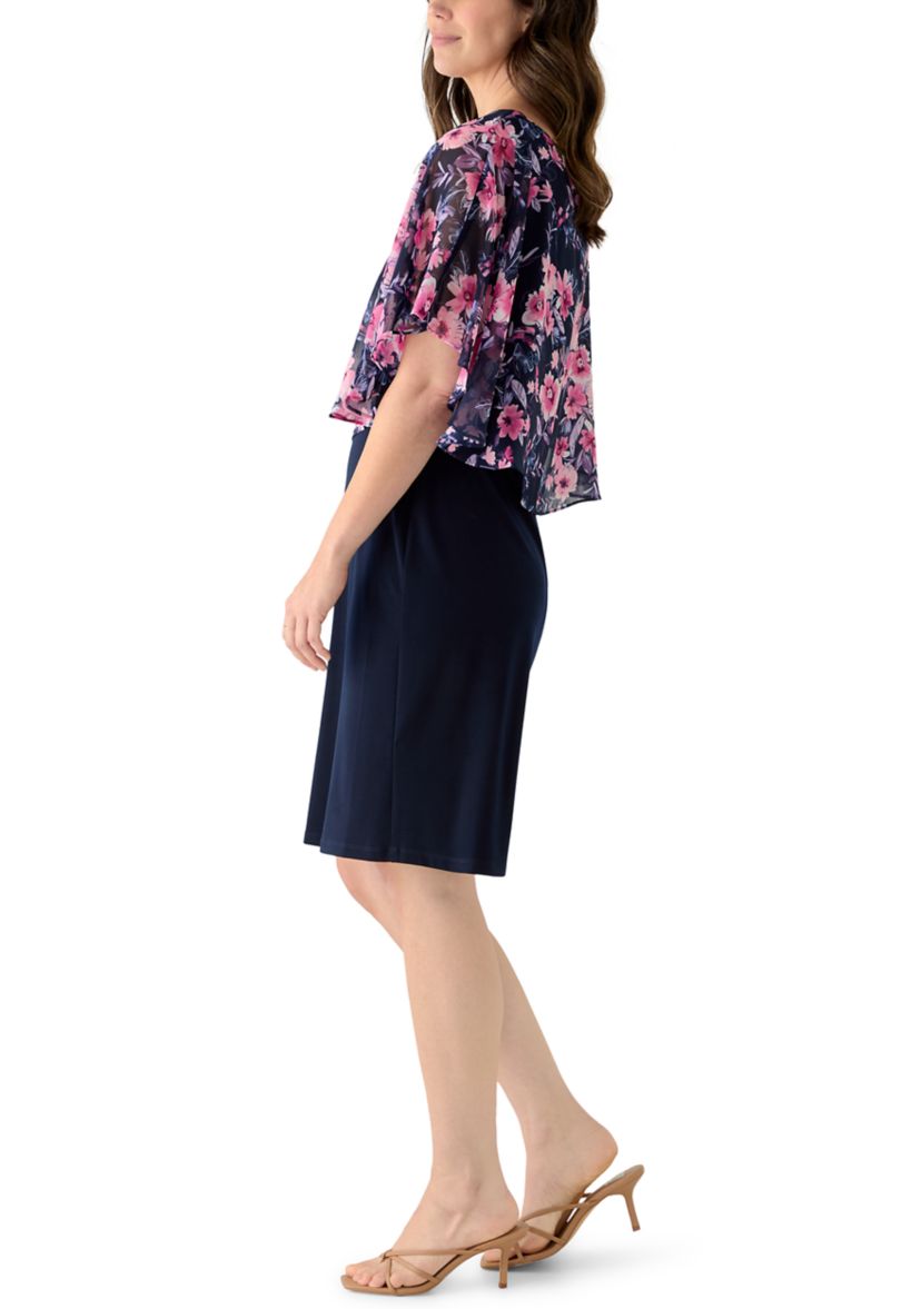 Connected Apparel Women's Short Sleeve Printed Chiffon Overlay Dress, 10