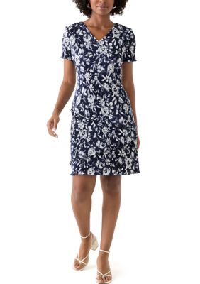 Connected Apparel Women's Short Sleeve V-Neck Floral Print A-Line Dress, Navy Blue, 6