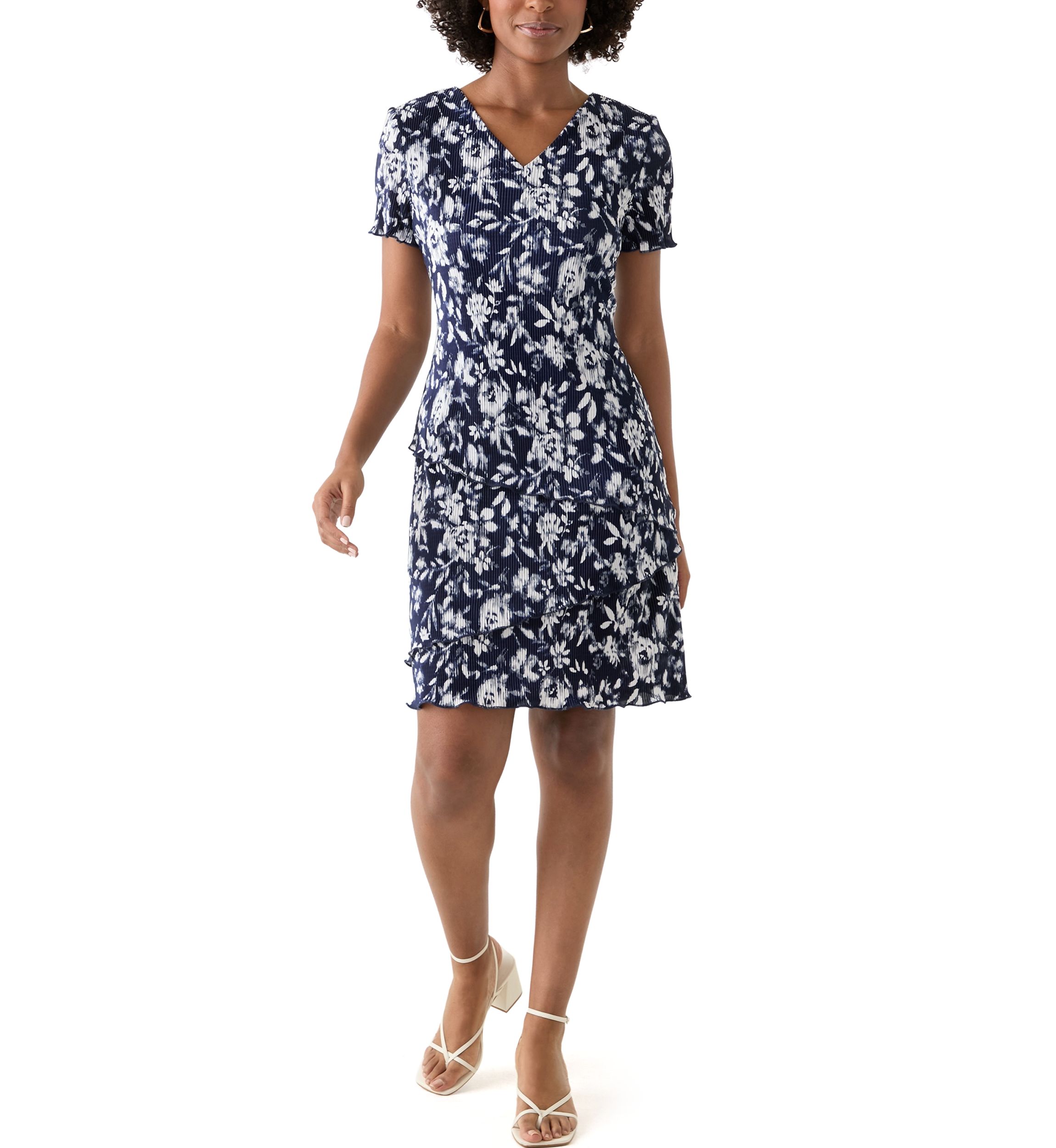 Womens Short Sleeve V-Neck Floral Print A-Line Dress