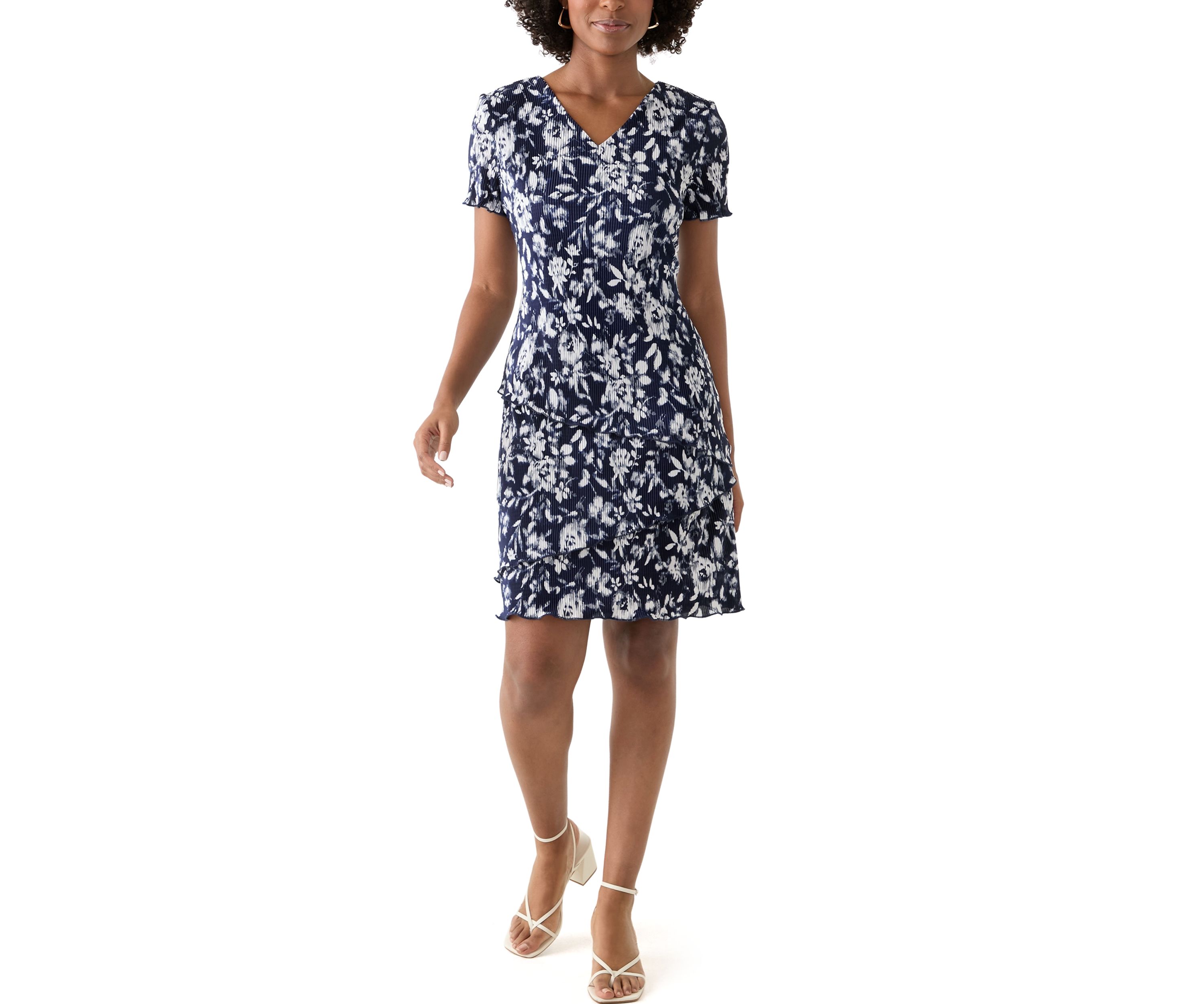 Womens Short Sleeve V-Neck Floral Print A-Line Dress