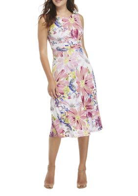 Connected Apparel Women's Sleeveless Floral Ruched Waist Midi Dress | belk