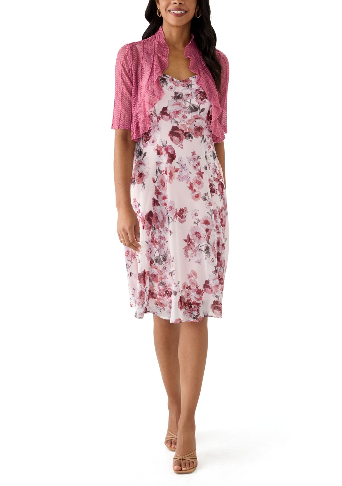 Womens Short Sleeve Scoop Neck Floral Print Jacket Dress