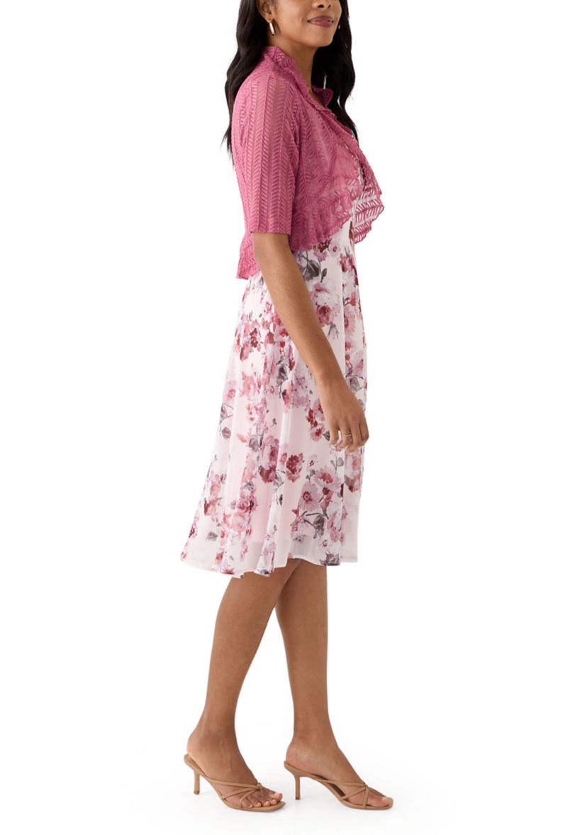 Womens Short Sleeve Scoop Neck Floral Print Jacket Dress