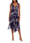 Womens Sleeveless V-Neck Floral Chiffon Print Handkerchief Hem Midi A-Line Dress