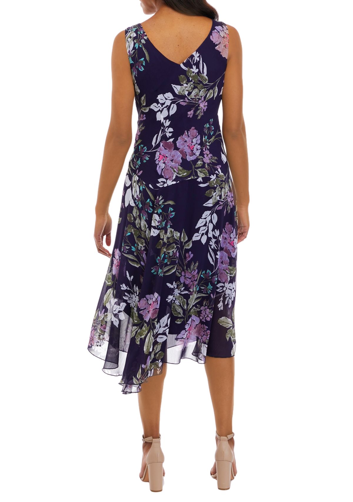 Womens Sleeveless V-Neck Floral Chiffon Print Handkerchief Hem Midi A-Line Dress