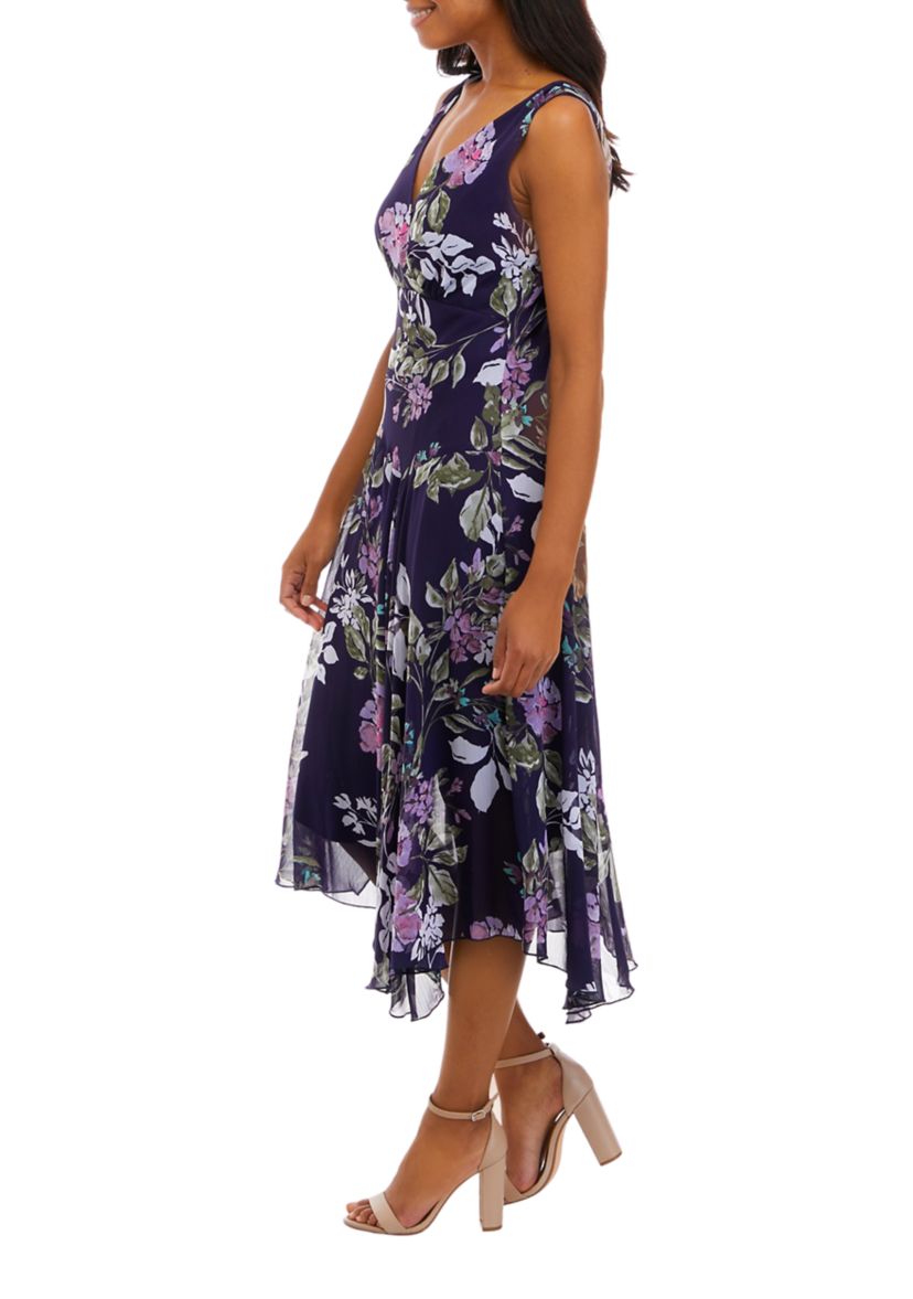 Womens Sleeveless V-Neck Floral Chiffon Print Handkerchief Hem Midi A-Line Dress
